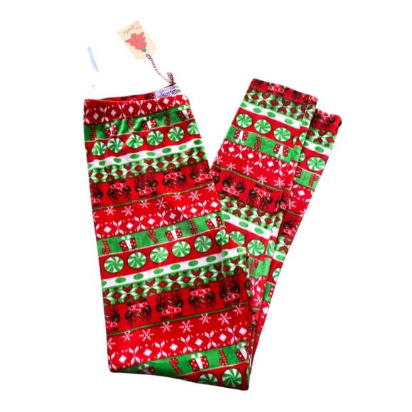 100% Poof Christmas Leggings Red Stretch Cotton Fair Isle Print Womens Small NWT - Picture 2 of 12